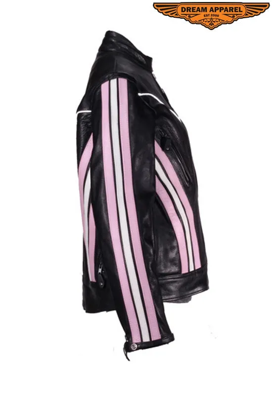 Women's Black & Pink Leather Racer Jacket