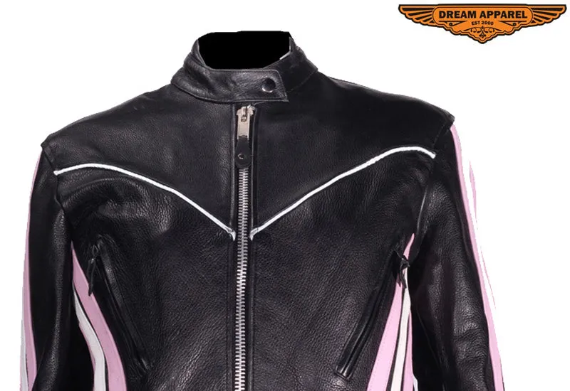 Women's Black & Pink Leather Racer Jacket