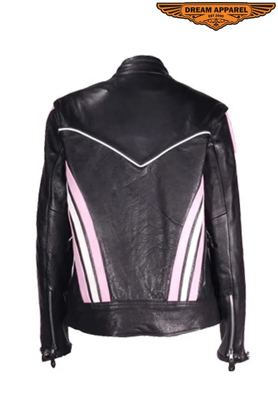 Women's Black & Pink Leather Racer Jacket