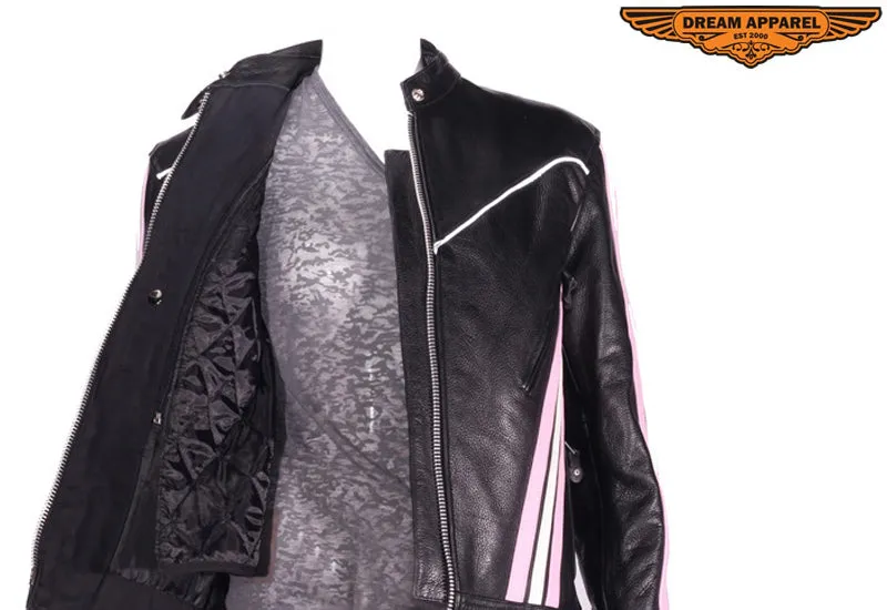 Women's Black & Pink Leather Racer Jacket