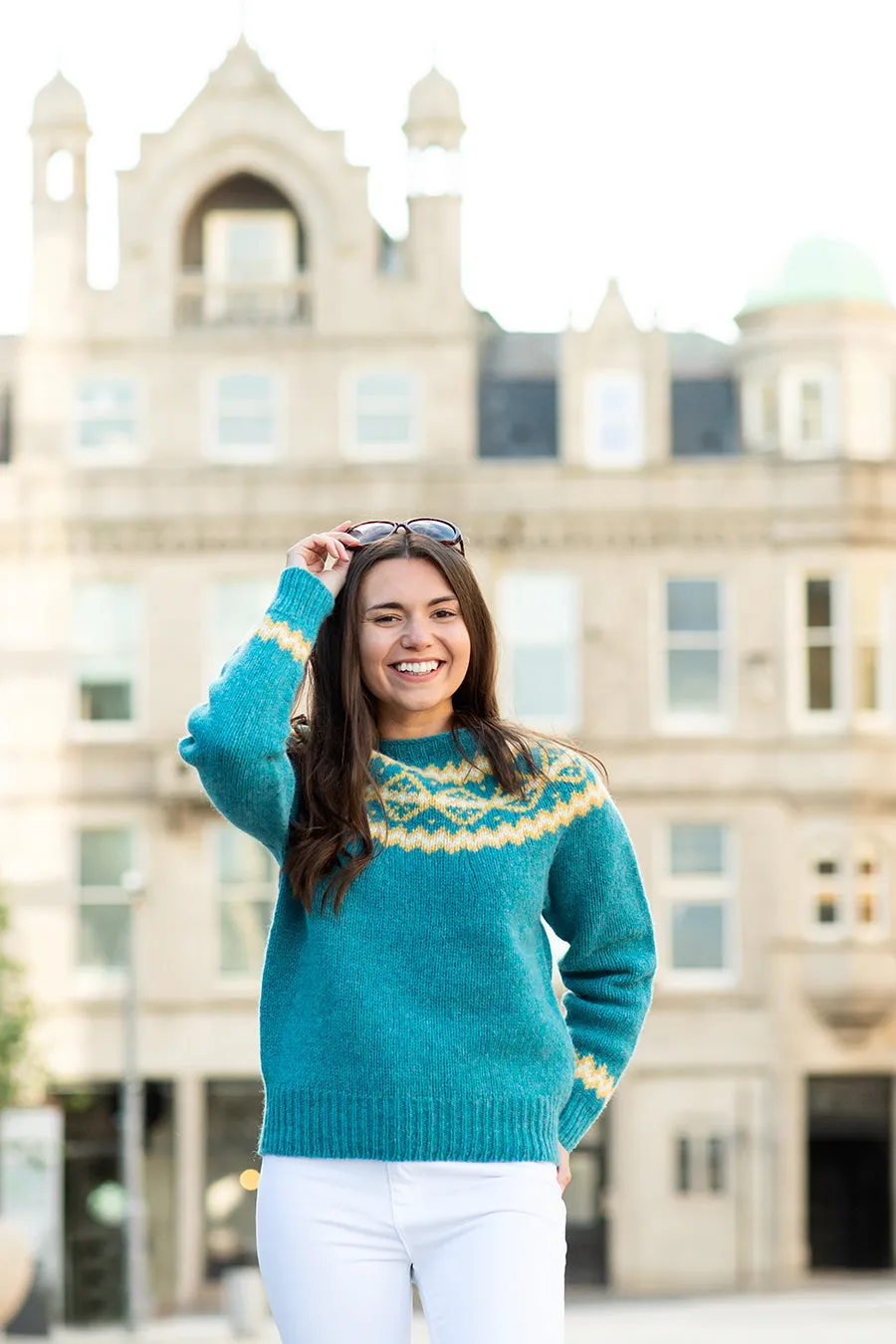 Womens Chunky Finnieston Yoke Fair Isle Jumper - Aqua