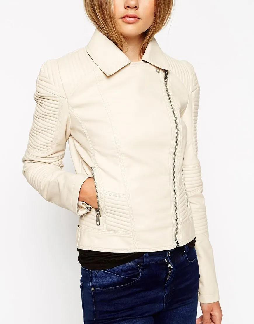 Women's Off White Quilted Leather Jacket WJ039