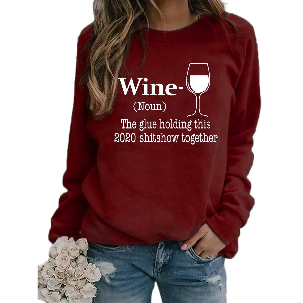 Women's wine glass printed Christmas sweatshirts fall/winter long sleeve pullover tops