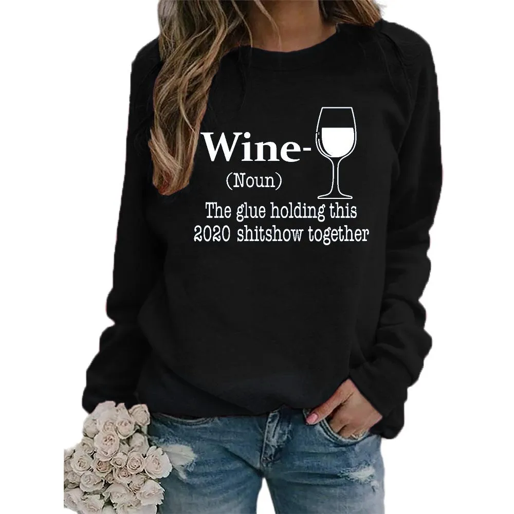 Women's wine glass printed Christmas sweatshirts fall/winter long sleeve pullover tops