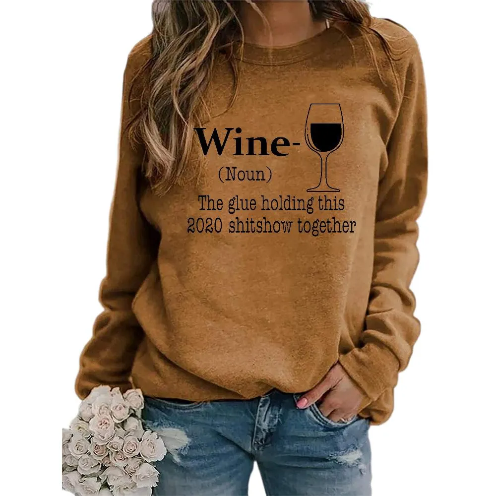 Women's wine glass printed Christmas sweatshirts fall/winter long sleeve pullover tops