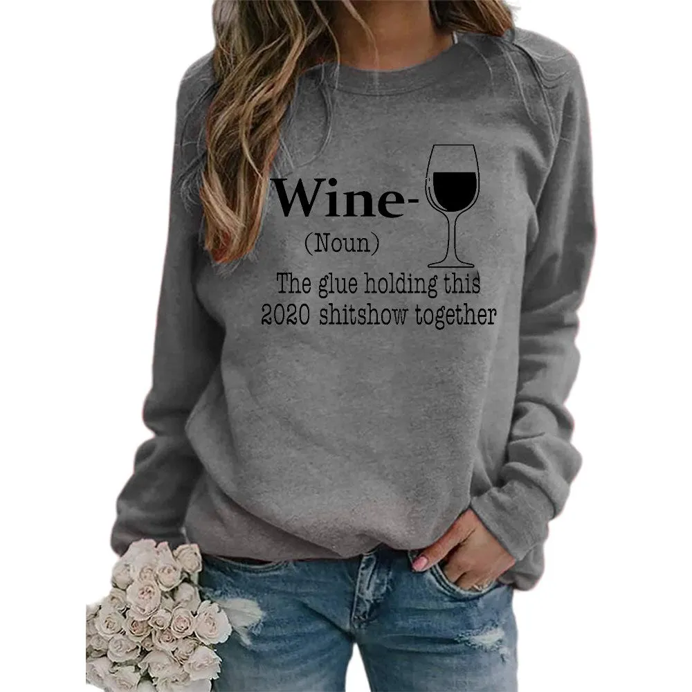 Women's wine glass printed Christmas sweatshirts fall/winter long sleeve pullover tops