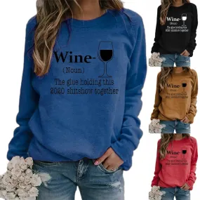 Women's wine glass printed Christmas sweatshirts fall/winter long sleeve pullover tops