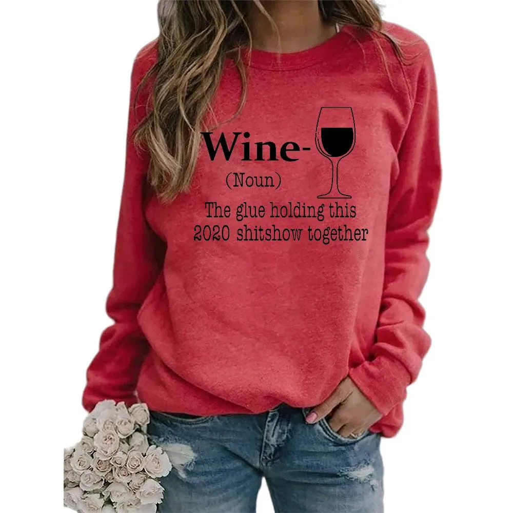 Women's wine glass printed Christmas sweatshirts fall/winter long sleeve pullover tops