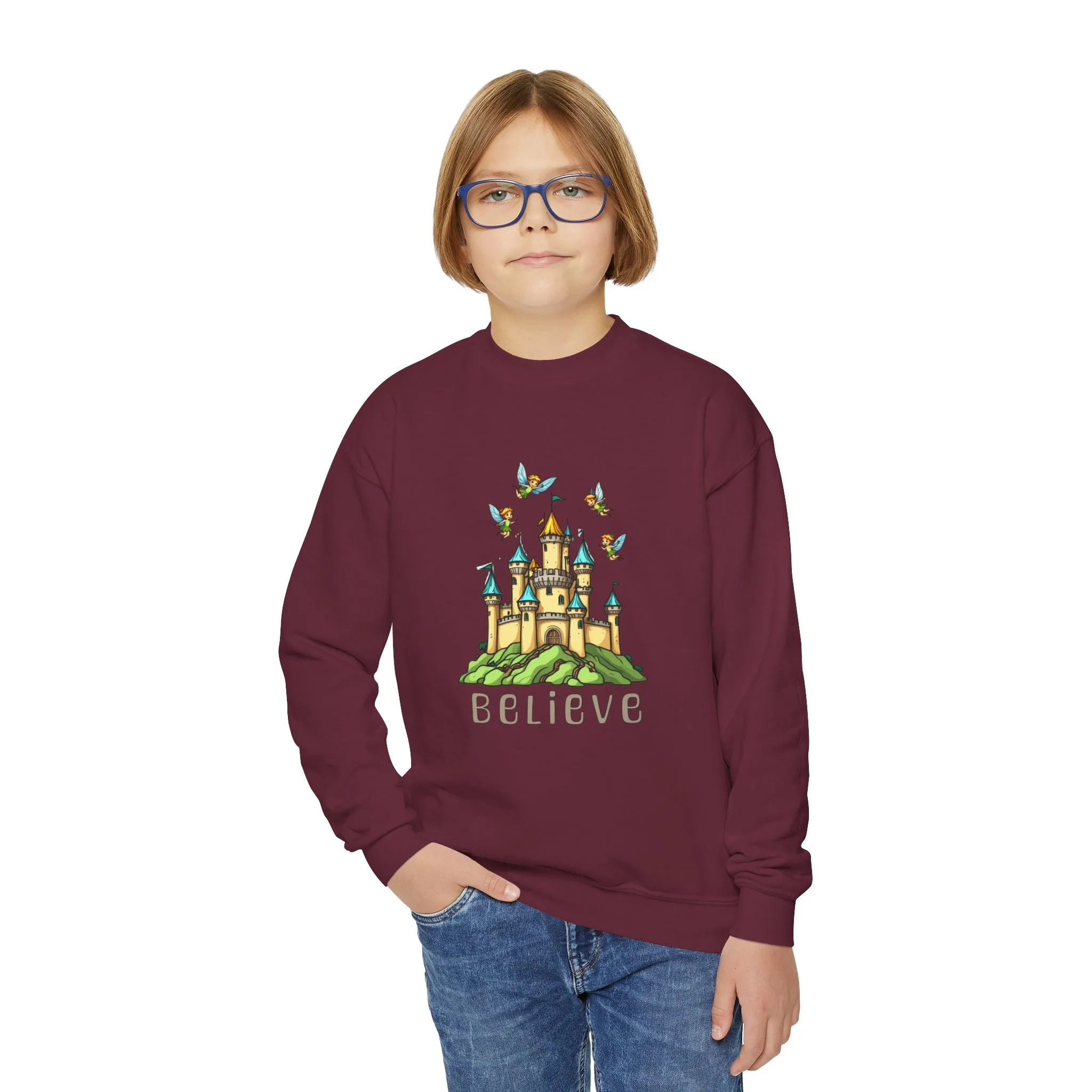 Youth Crewneck Sweatshirt - Fantasy Castle 'BELIEVE' Design