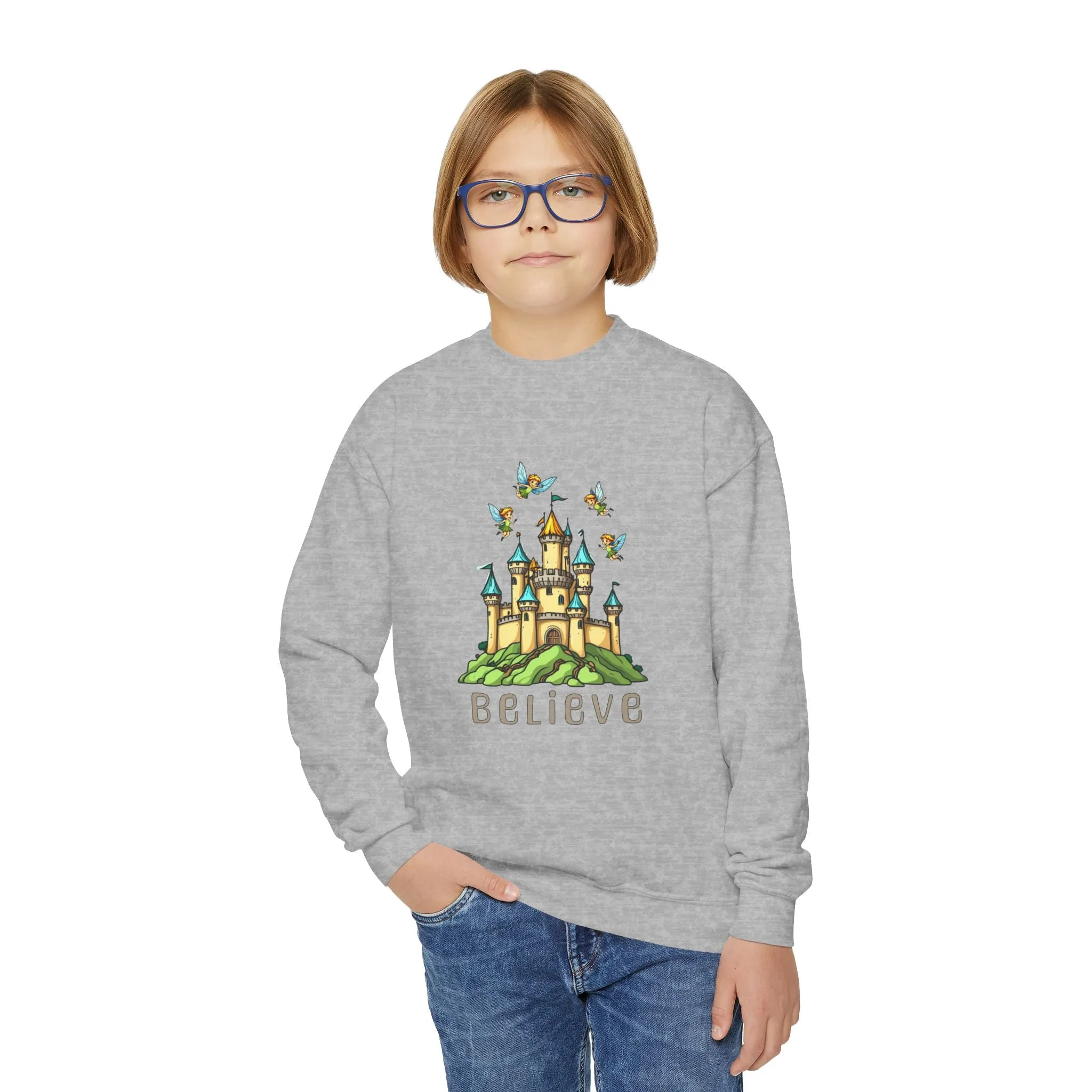 Youth Crewneck Sweatshirt - Fantasy Castle 'BELIEVE' Design