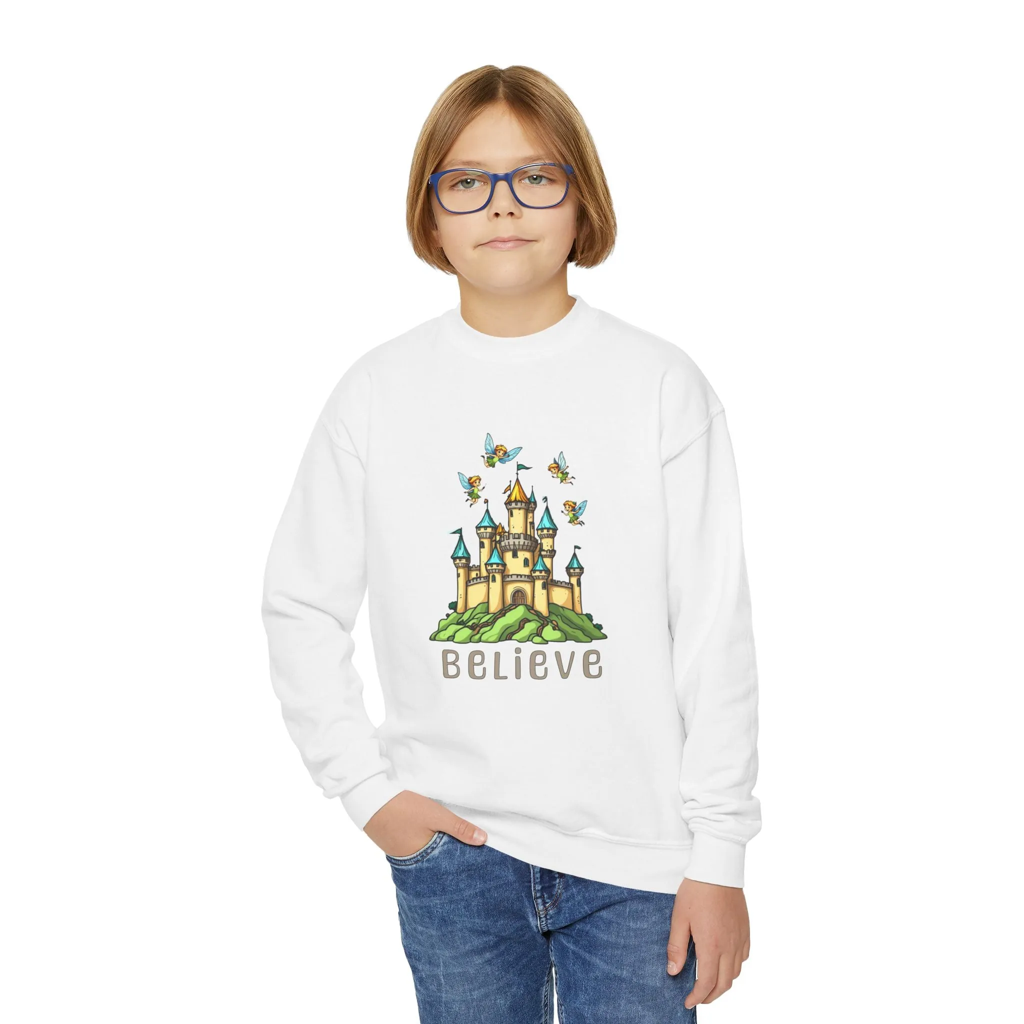 Youth Crewneck Sweatshirt - Fantasy Castle 'BELIEVE' Design