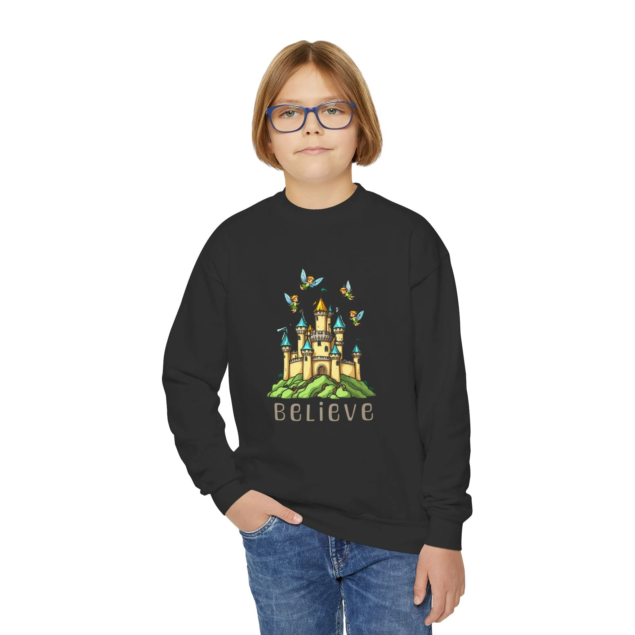 Youth Crewneck Sweatshirt - Fantasy Castle 'BELIEVE' Design