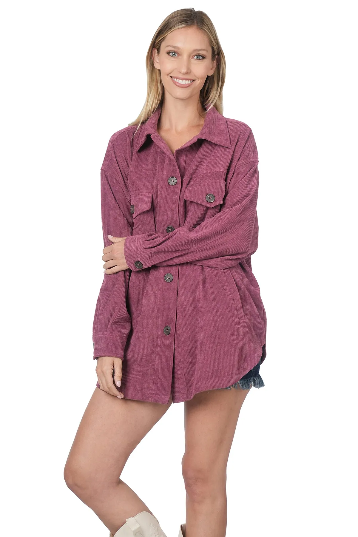 Zenana Oversized Corduroy Button Shacket (S-3XL)