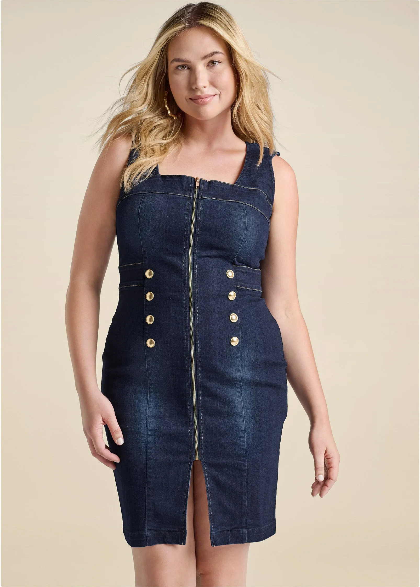 Zip-Front Denim Dress - Dark Wash